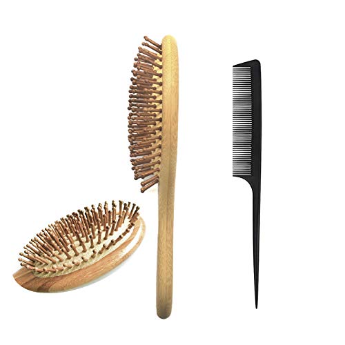 LEYMIGA Paddle Brush, Wooden Bamboo Hair Brush & Rat Tail Comb, Paddle Hairbrush For Thick Curly Thin Long Short Wet or Dry Hair, Anti-static, Massage Scalp, No odor, Suit For Men Women Kids