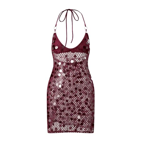 Damen Neckholder Strickkleid Pailletten Ärmellos Hollow Out Bodycon Mini Club Party Kleid, rot (a), XL