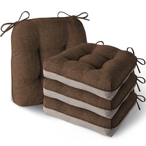 MineCozy Indoor Kitchen Chair Cushions Set of 4 Non Slip Tufted Chair Pads with Ties Thick Dining Room Seat Cushions 16'' x 16'' x 4'' Coffee
