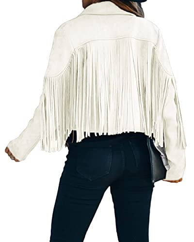 CHARTOU Casual Faux Leather Jacket Women Motorcycle Jacket Fringe Cropped Jacket Utility Tassel Suede Moto Jacket
