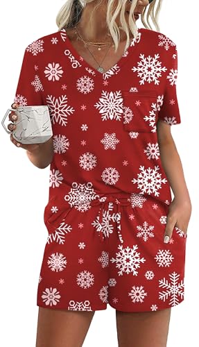 Image of RUBZOOF Women's Short Sleeve Pajama Sets with Pockets Casual V Neck 2 Piece Lounge Sets S-3XL