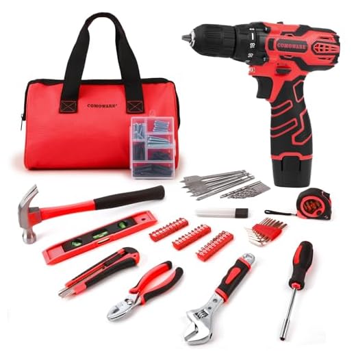 COMOWARE Home Tool Kit with Drill, 169PCS Household Tool Kit with 12V Cordless Power Drill, Home Repairing Tool Power Drill Sets with Red Storage bag for DIY Home Maintenance