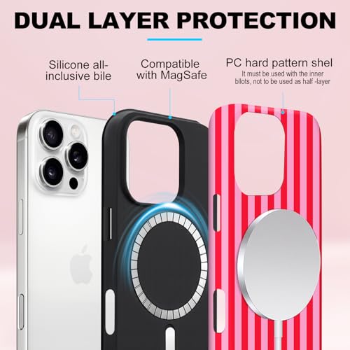 flewfun Magnetic for iPhone 15 Plus Case Cute Stripes Phone Case, Shockproof Slim TPU and Hard PC Protective Phone Cover Compatible with MagSafe Designed for Women Girls, Red and Pink by flewfun - Used condition - Image 3