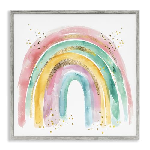 Pastel Rainbow with Gold Accents Nursery, 12 x 12 Inch Framed Giclée Print