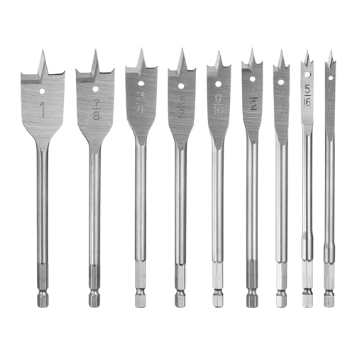 sourcing map Juego de 9 brocas planas de pala con vástago hexagonal de cambio rápido de 1/4 pulgadas para carpintería de fibra de vidrio, tono plateado