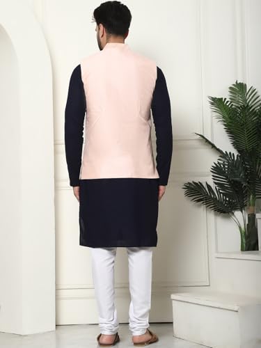 Image of SOJANYA (Since 1958 Men's Cotton Linen Maroon Kurta and White Pyjama with Mustard Cotton Nehru Jacket