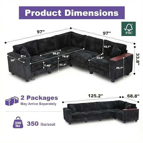 Image of 126 inch L Shaped Sectional Couch, Comfy Corduroy Sectional Couch, Modular Convertible V Shaped Couch, 5 Seat Corner Sofa with 2 Pillows & Storage Armrests for Living Room, Black
