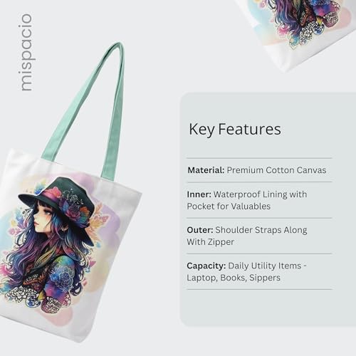 Image of Canvas Tote Bag with Zipper for Women| Inside Pocket | Cotton College Shoulder Bag | Stylish Travel Sling & Handbag for Daily Use