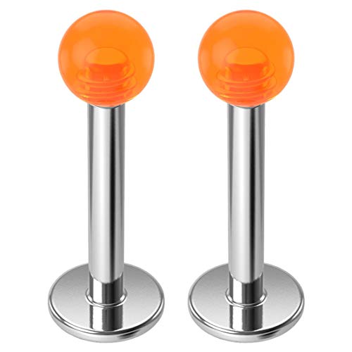 Evonix 2pc 14g Colorful Labret Studs Orange Acrylic Balls 4mm Surgical Steel 14 Gauge Flat Back 8mm 5/16