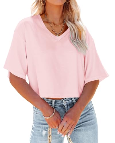 Cicy Bell T-shirt court pour femme - Col en V - Surdimensionné - Haut de sport - Haut court - Haut d'été à manches courtes., Rose, S