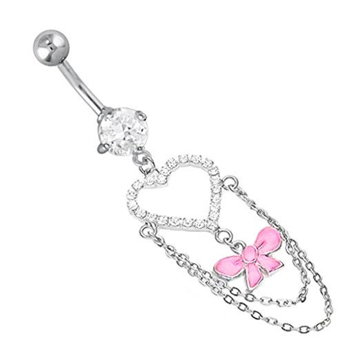 playful piercings Cz Clear Heart w/Pretty Pink Ribbon Bow Long Dangle Belly Navel Ring 14g