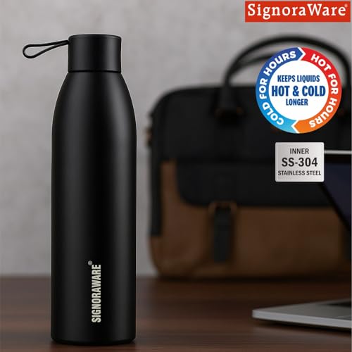 Image of SignoraWare Laguna Vacuum ISI Certified Stainless Steel Bottle | Airtight & Leakproof | Retain Freshness For Hours | Ergonomic Design | Ideal for School, Office, Gym Or Outdoors (700ml | Black)