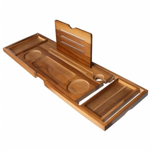 Wooden Bath Tray, Extendable Teak Bathtub Tray, Bath Tub Shelf Board Built-in Holder for Tablet Candle, Bathroom Accessory Home Spa Boards for Adults, Bathtub Caddy with Double-Sided Towel Holder