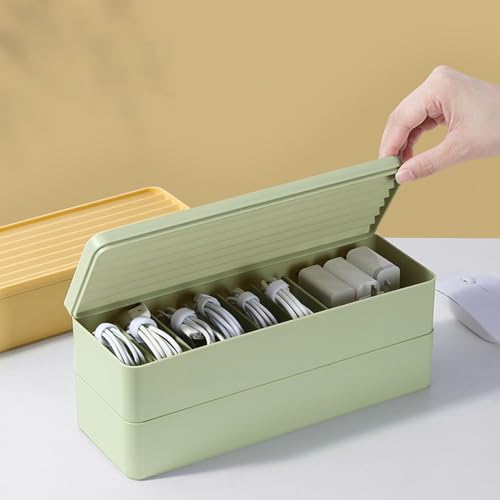 Comebachome Cable Tidy Box, Dual Layer Cord Organizer Box with 14 Compartment & Lid, Dustproof Cable Storage Box, Stackable Rectangular Minimalist PS Charging Cord Organizer, Standard, Green