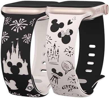 2 Packs Cartoon Engraved Band Compatible with Apple Watch Band 49/46/45/44/42/41/40/38mm Women Two-Tone Cute Soft Silicone Sport Strap for iWatch SE Series 10/9/8/7/6/5/4/3/2/1/Ultra(1/2)