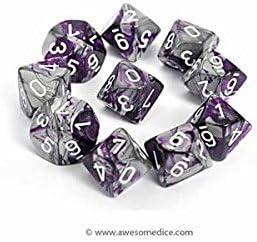 Chessex Dice Sets: Gemini Purple & Steel with White - Ten Sided Die d10 Set (10)