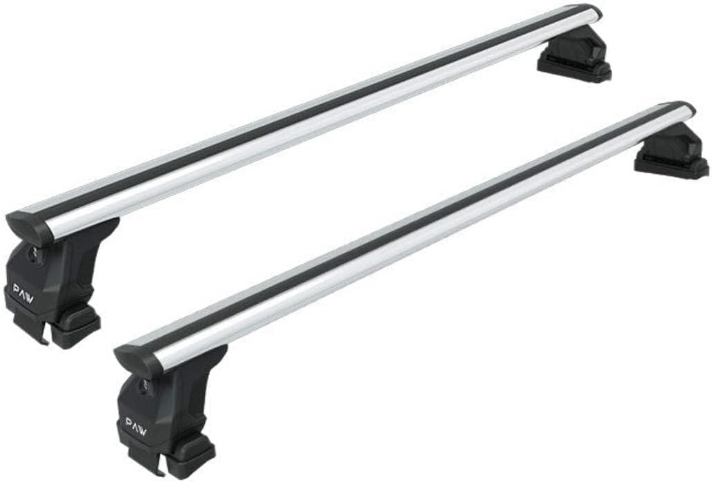 Two silver aluminum roof rack cross bars with black end supports.