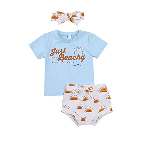 Image of 3Pcs Baby Girl Summer Clothes Set Letter Print Short Sleeve T Shirt Top Floral Shorts Headband Outfit