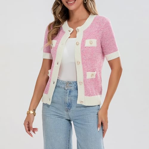 Image of Womens Short Sleeve Button Down Cardigans Sweater Cropped Lightweight Crew Neck Elegant Knit Tops with Pockets