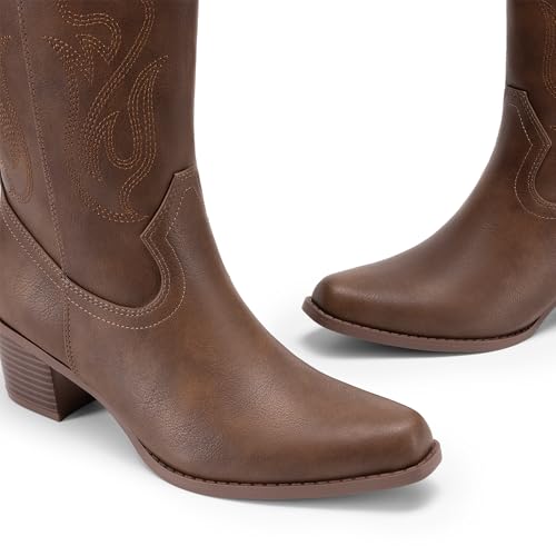 DREAM PAIRS Women's Square Toe Cowboy Cowgirl Boots Embroidered Mid Calf Western Boots Fashion Dress Low Chunky Heel Boots for Theme Party Country Concert3