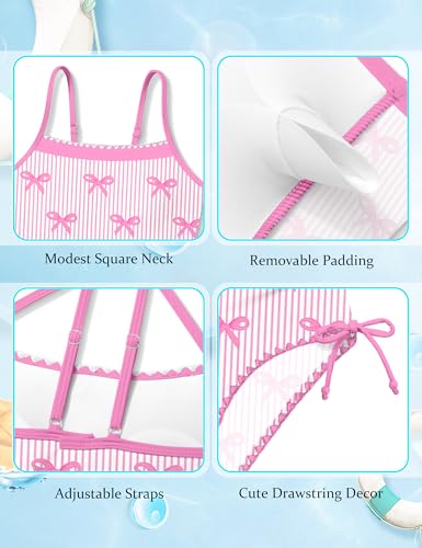 Image of BAVADER Girls Swimsuit One Piece Modest Girls Bathing Suit Solid Square Neck Ruched Adjustable Straps Padded Swimwear 9-16y