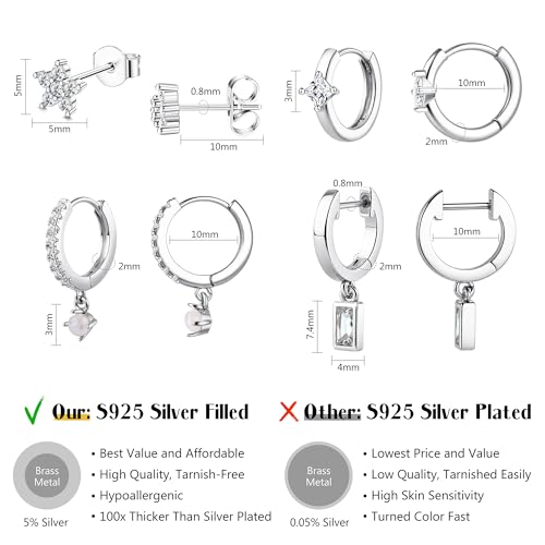 MILACOLATO 4 Pairs Silver Earrings for Women, 14K Gold Filled/Sterling Silver Filled Small Stud Hoop Earrings Set for Multiple Piercing, Hypoallergenic Cartilage Huggie Earrings Stacks Trendy Jewelry Gifts 6