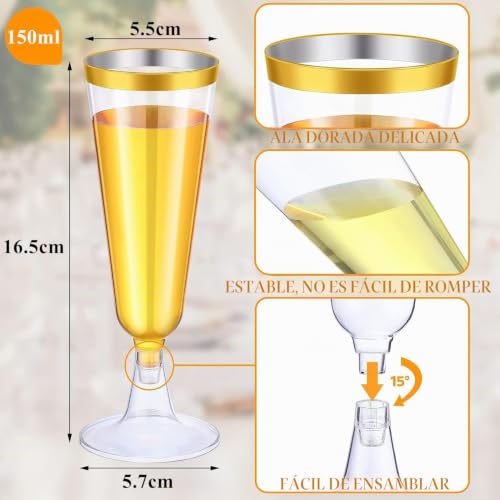 Copas de champán de plástico reutilizables LATERN con borde dorado para bodas 4