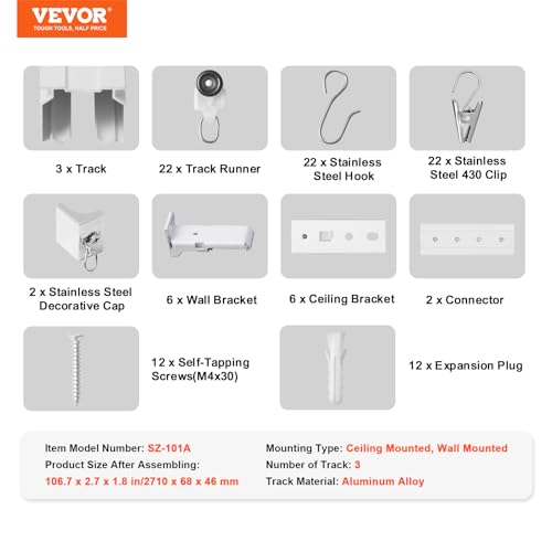VEVOR Ceiling Curtain Track Set, 8.9 FT/2.7 Meter, Sliding Ceiling Track System for Curtains, Room Divider Curtain Track Ceiling/Wall Mounted for Living Room Bedroom with Hooks and Hardware, White - Image 7