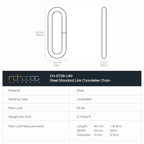 Image of RCH Hardware CH-S59-395-PC Steel Chandelier Chain 7 Gauge, Polished Chrome (1 Foot)