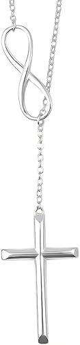 Infinity Cross Lariat Necklace 925 Sterling Silver 18" - Catholic Faith Christian Necklaces Religious Statement Jewelry - Engagement, Wedding,