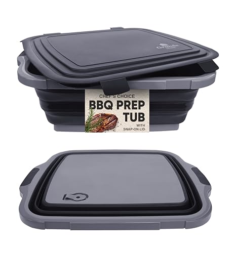 BBQ Prep Tub Collapsible X-Large with Cutting Board, Locking Lid – Meal Prep Food Prep Containers with Lids for Resting Meat –3 Adjustable Height - Ideal for Camping, Picnic, Dish Basin