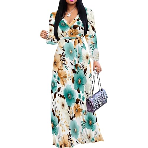 Image of Women's Maxi Dresses Plus Size Formal Long Sleeve Wrap Dress Winter Church Boho Bohemian Floral Wedding Guest