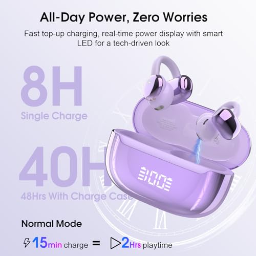 Image of Open Ear Earbuds Wireless Clip on Headphones Bluetooth 5.4 Ear Buds with DNN Noise Cancelling, 48H Playtime, Low Latency, Fashion Design, Secure Fit, Clear Sound for Music & Calls (Purple)