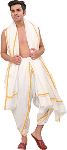 Plain Dhoti and Angavastram Set with Striped Border - Pure Cotton - Color Star White