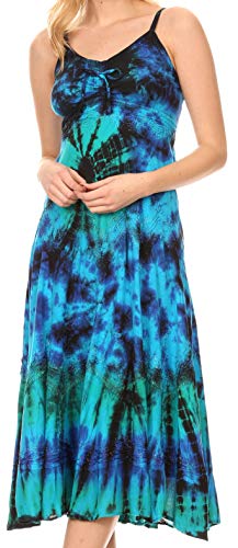 Image of Sakkas Adela Women's Tie Dye Embroidered Adjustable Spaghetti Straps Long Dress