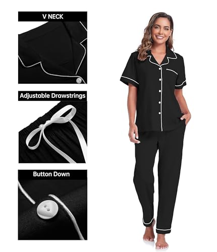 Image of CF Womens 100% Cotton Pajamas Set Button Down Pjs Sets Short Sleeve Top & Long Pants Sleepwear Comfy Loungewear with Pockets