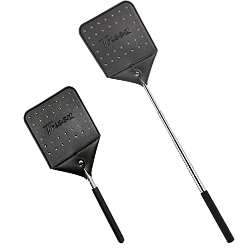 Trieez Flyswatter - Long Fly Swatter, Sturdy Leather Fly Swatter, Heavy Duty Telescopic Flyswatter With Durable Stainless Steel Handle, Rustic Bug Swatter For Home And Outdoors - (1 Pcs) #TOP4