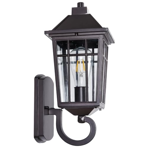 Image of JYZ 15 inch Brown Outdoor Wall Light, Rust-Proof Aluminum Waterproof Wall Lantern with Seeded Glass Shade, E26 Hardwired Outside Porch Lighting Fixture for Front Door, Garage, Patio, Farmhouse