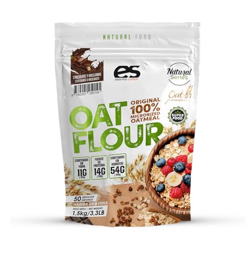 Harina de Avena 100% ESSENTIAL NUTRITION | 22 Sabores diferentes | 1500gr de sabor | 100% Natural Avena Flour | Edulcorante: Sucralosa (1,5 kg, Chocolate con avellanas)