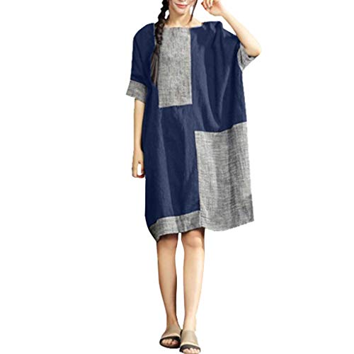 pitashe Women?s Plus Size Dress O-Neck Short Sleeve Splice Patchwork Cotton Linen Loose Maxi Dress Summer Casual Midi Dresses