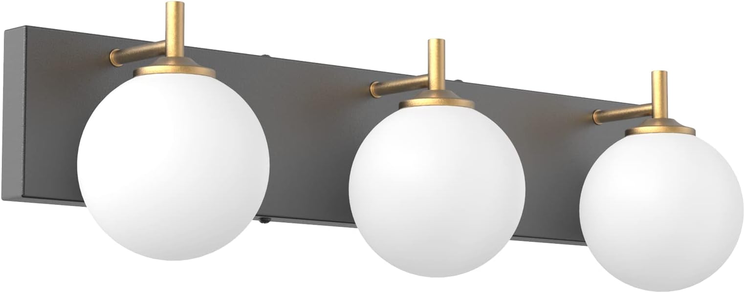 AipsunMid Century Modern Bathroom Vanity Light 3 Lights Milky White Glass Shades Black/Golden Bathroom Light Fixture(Exclude Bulb)