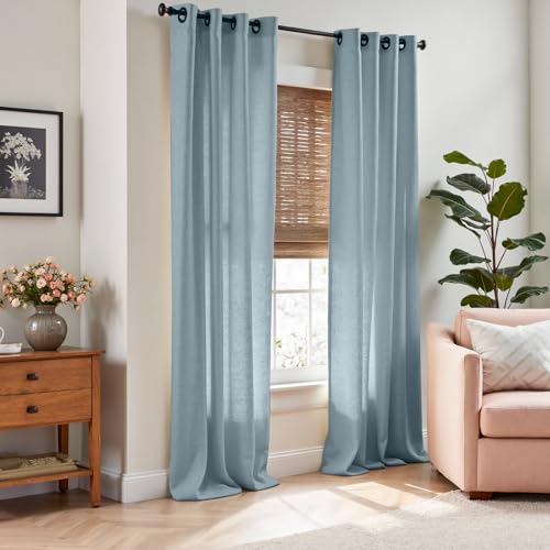 Image of jinchan Linen Curtains 96 Inch Light Filtering Grommet 2 Panels Blue