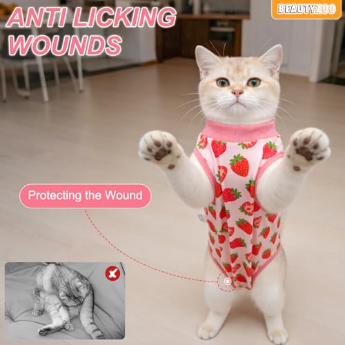 Image of BEAUTYZOO Cat Surgery Recovery Suit, Female Spay, Male Neuter, 2 Pack | Onesie for Cats After Surgery, Anti Licking Wounds, Cone of Shame Alternative, Surgical Recovery Anxiety Vest, Strawberry M