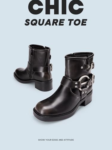 DREAM PAIRS Women's Ankle Boots Fashion Buckles Square Toe Motorcycle Riding Biker Boots Low Chunky Heel Fall Booties Shoes,Size 6,Black/Brown,DWUMAB2506