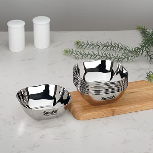 Image of Sumeet Heavy Gauge Stainless Steel Apple Square Bowl /Wati /Katori with Mirror Finish - 10.6cm Dia, set of 12pc, 250ML Each - Silver