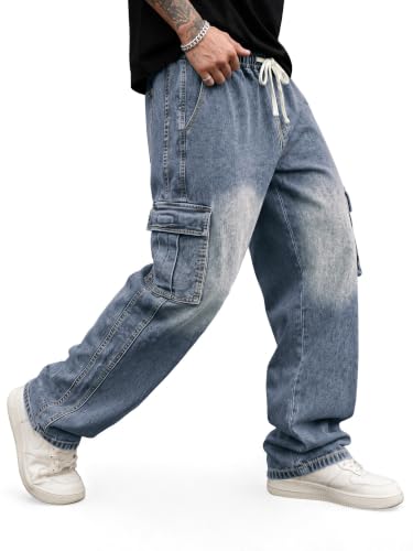 Image of JMIERR Men's Stretch Cargo Jeans Loose Straight | Over 60% Cotton Blend, Stretch Denim, Drawstring Waist, 5-Pocket Design, Loose Straight Fit, Casual Workwear Jeans