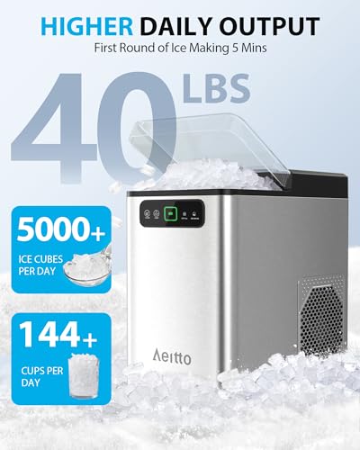 Aeitto Nugget Ice Maker Countertop, Pellet Ice Machine Soft Chewable Ice 40lbs/Day, One-Click Operation, Auto Self-Cleaning Crushed Ice Makers Stainless with Scoop for Home/Kitchen/Office (Silver)