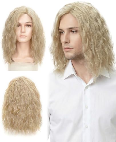 FunnAura Blonde Wig Men with Hair Net Mid Length Curly Wig for Adult 70s 80s Fancy Dress Daily Costume Party