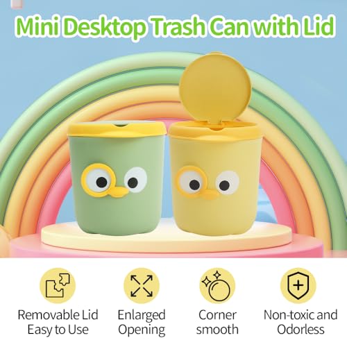 Image of Mini Trash Can, Cute Small Trash Can with Lid, Desktop Paper Bin with 5 Rolls of Bin Liners, Portable Tabletop Dustbin, Cartoon Animal Rubbish Storage for Office Bedroom Desk Car Kitchen (Green)