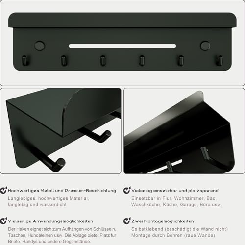 TEEQZIO Schlüsselbrett Mit Ablage Posthalter mit Ablage 6 Haken die Wand Schlüsselboard für Flur, Küche, Dekor, Eingangsbereich, Büro, Badezimmer, Wohnzimmer (Schwarz)